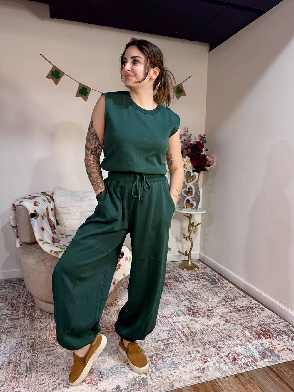 NEW BLUIVY nikki sleeveless drawstring waist jumpsuit in hunter green